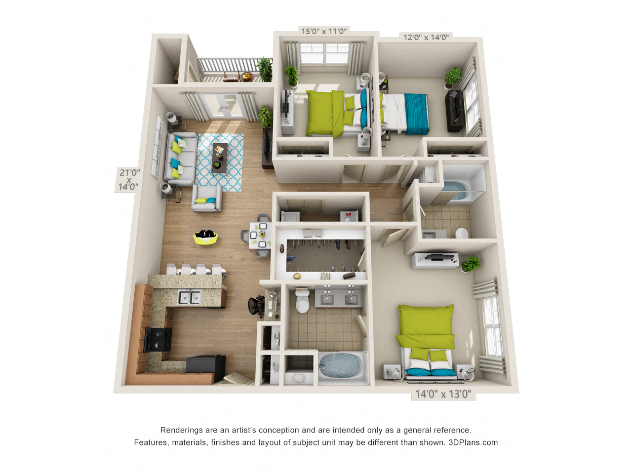 Floor plan for 3 beds, 2 baths, 1333 sqft